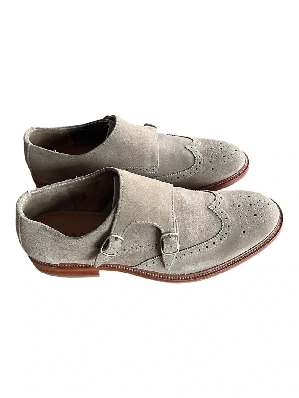 Trask Dress Shoes Mens Size 10.5 Taupe Suede Double Monk Strap Wingtip